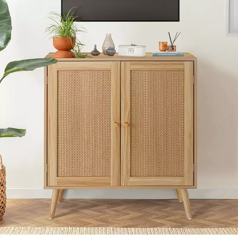 31,5 Mobile Buffet con Contenitore, Mobile Contenitore da Ingresso con Ante Decorate in Rattan e Ripiani Regolabili