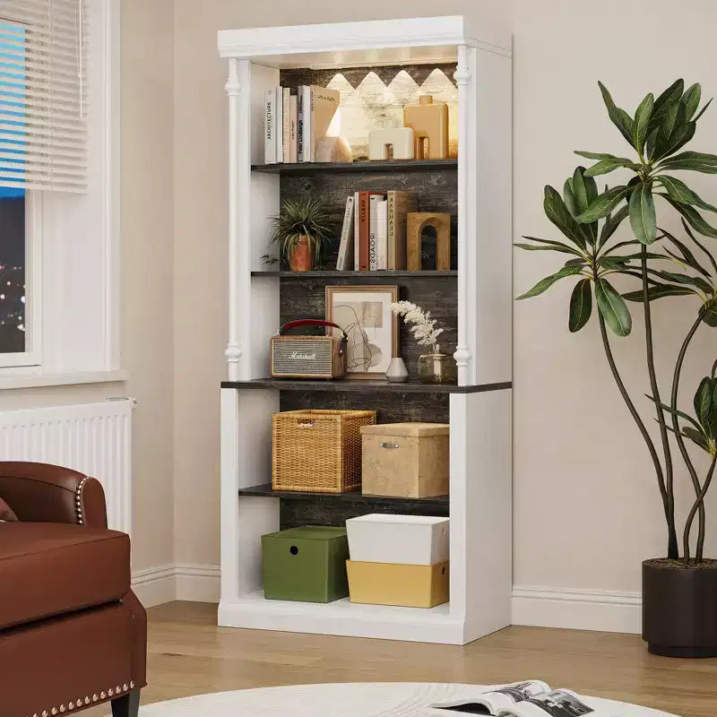 Scaffale alto 180 cm, libreria aperta bianca a 5 ripiani con mensole regolabili, organizer portatutto da terra in legno stile colonna romana