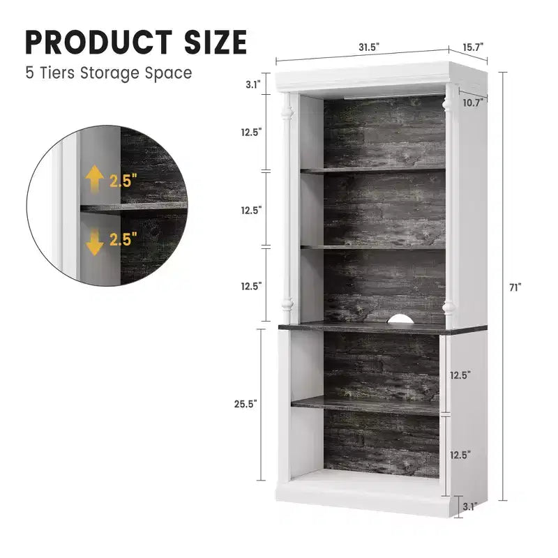 Scaffale alto 180 cm, libreria aperta bianca a 5 ripiani con mensole regolabili, organizer portatutto da terra in legno stile colonna romana