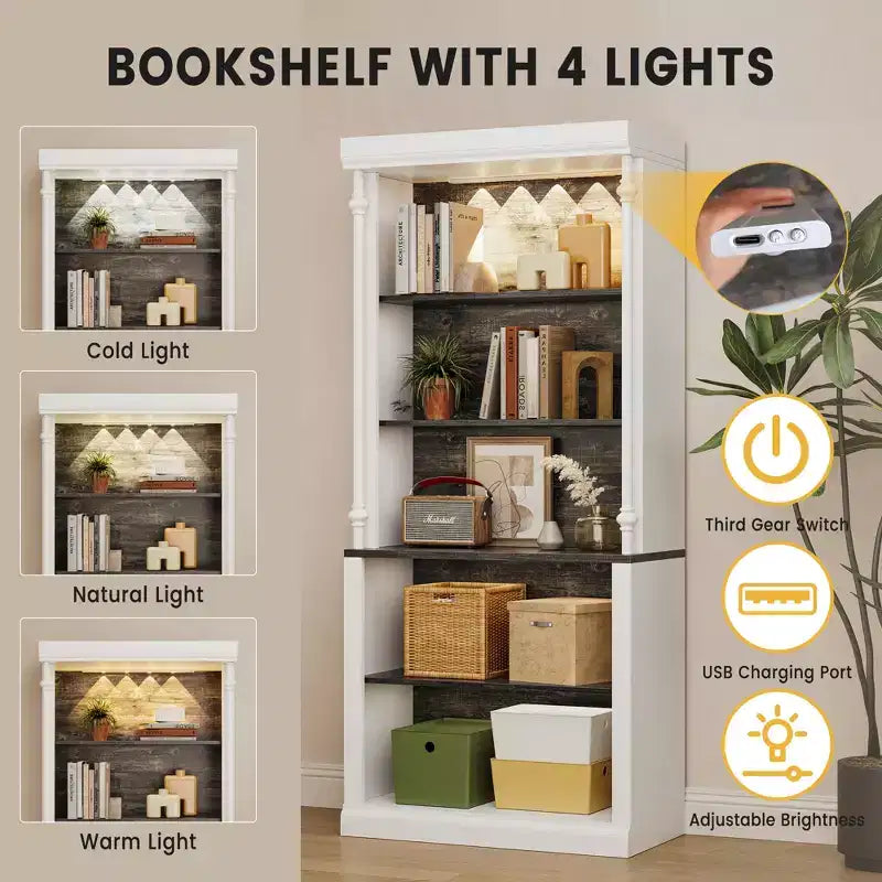 Scaffale alto 180 cm, libreria aperta bianca a 5 ripiani con mensole regolabili, organizer portatutto da terra in legno stile colonna romana