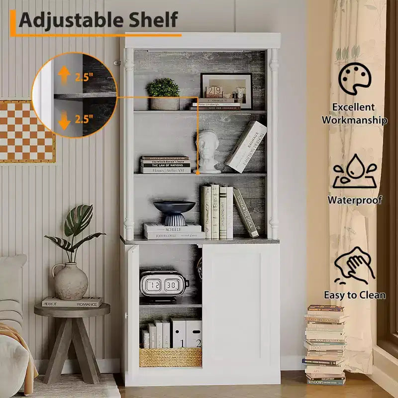 Scaffale alto 180 cm, libreria aperta bianca a 5 ripiani con mensole regolabili, organizer portatutto da terra in legno stile colonna romana
