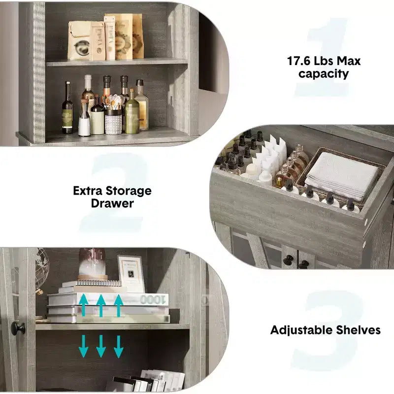 Mobile contenitore alto, Libreria con ripiani regolabili, Mobile in stile rustico per soggiorno, bagno, Grigio