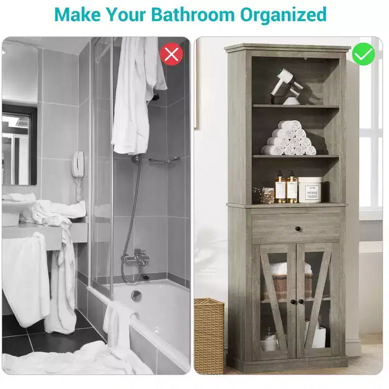 Mobile contenitore alto, Libreria con ripiani regolabili, Mobile in stile rustico per soggiorno, bagno, Grigio