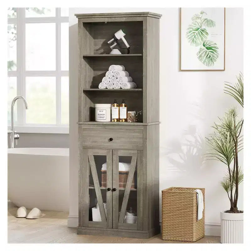 Mobile contenitore alto, Libreria con ripiani regolabili, Mobile in stile rustico per soggiorno, bagno, Grigio