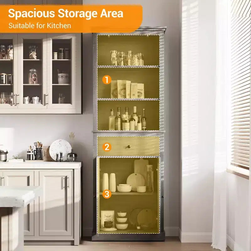 Mobile contenitore alto, Libreria con ripiani regolabili, Mobile in stile rustico per soggiorno, bagno, Grigio