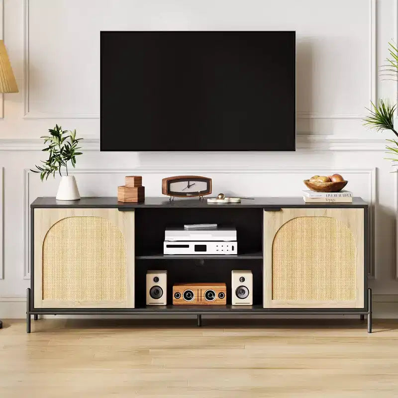 Mobile TV in Rattan per TV fino a 75 Pollici, Consolle Porta TV Moderna Mid-Century con 2 Armadietti e 2 Scomparti Aperti per Camera da Letto Nero