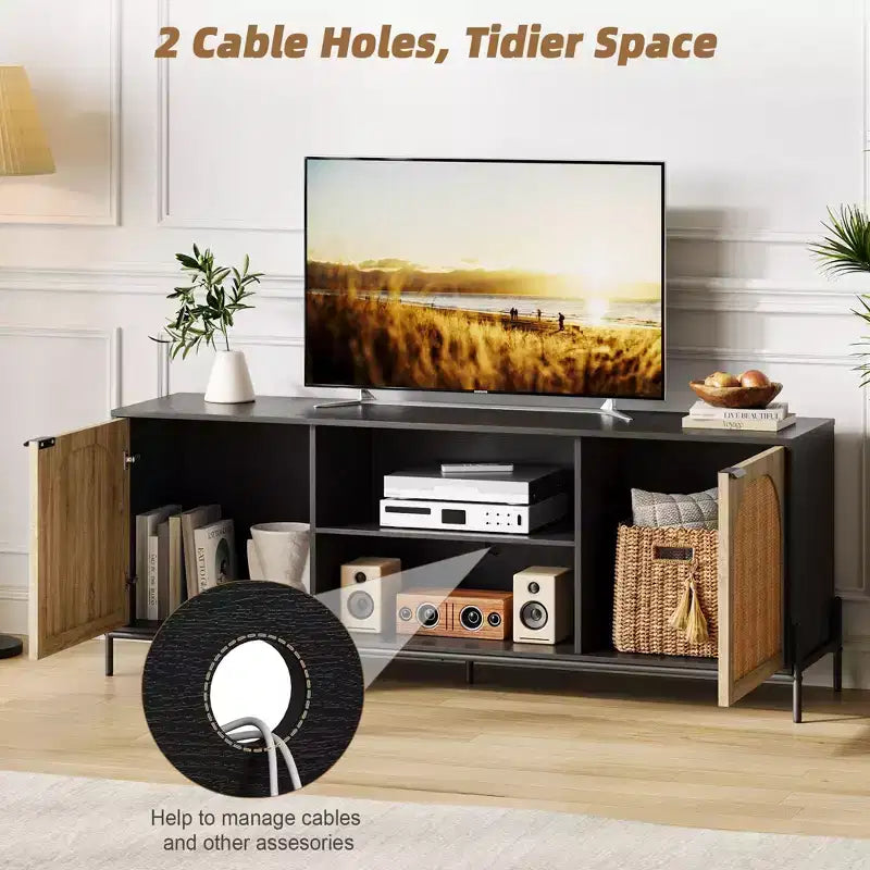 Mobile TV in Rattan per TV fino a 75 Pollici, Consolle Porta TV Moderna Mid-Century con 2 Armadietti e 2 Scomparti Aperti per Camera da Letto Nero
