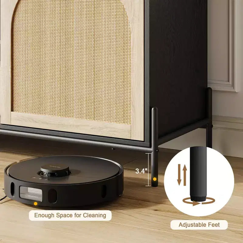 Mobile TV in Rattan per TV fino a 75 Pollici, Consolle Porta TV Moderna Mid-Century con 2 Armadietti e 2 Scomparti Aperti per Camera da Letto Nero