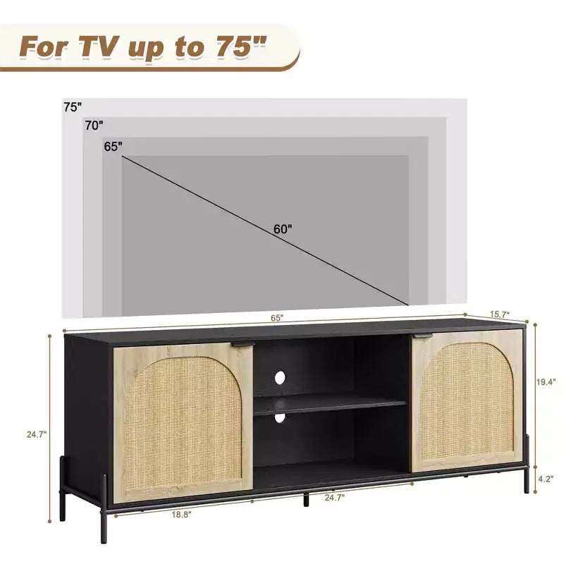 Mobile TV in Rattan per TV fino a 75 Pollici, Consolle Porta TV Moderna Mid-Century con 2 Armadietti e 2 Scomparti Aperti per Camera da Letto Nero