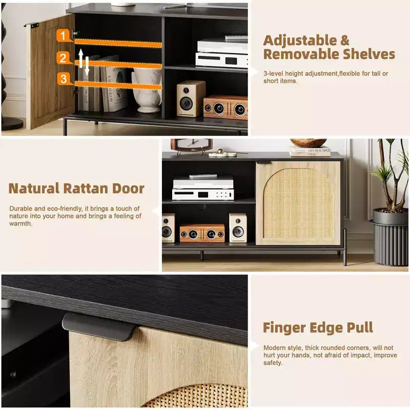 Mobile TV in Rattan per TV fino a 75 Pollici, Consolle Porta TV Moderna Mid-Century con 2 Armadietti e 2 Scomparti Aperti per Camera da Letto Nero