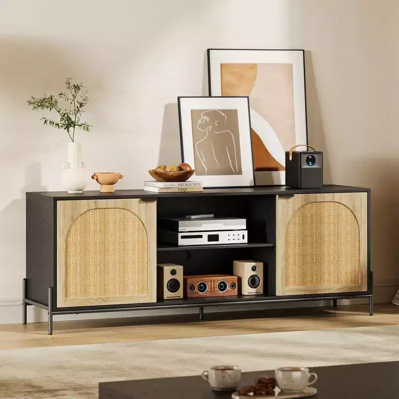 Mobile TV in Rattan per TV fino a 75 Pollici, Consolle Porta TV Moderna Mid-Century con 2 Armadietti e 2 Scomparti Aperti per Camera da Letto Nero