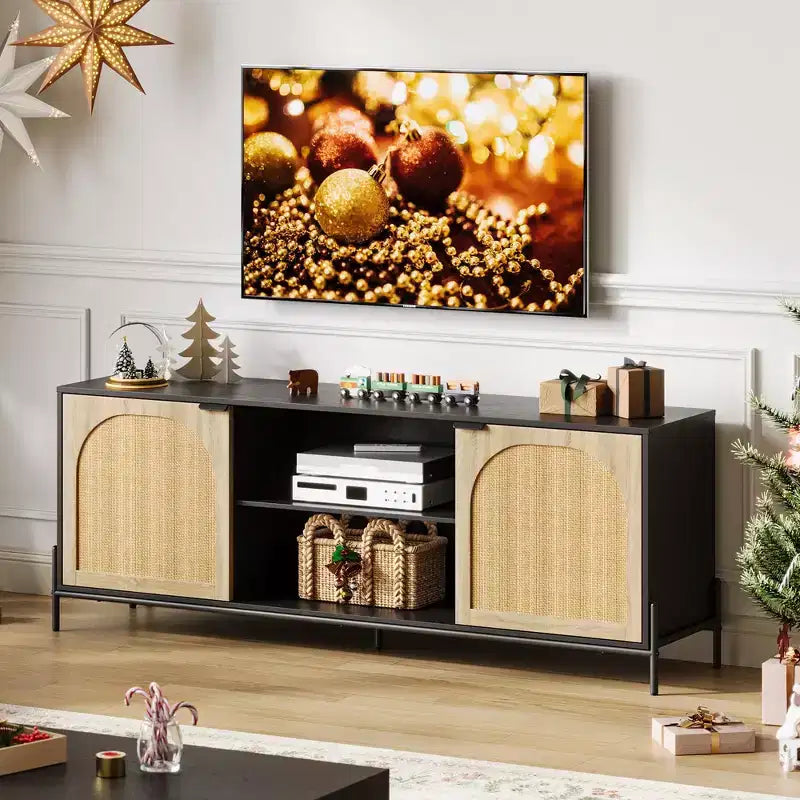 Mobile TV in Rattan per TV fino a 75 Pollici, Consolle Porta TV Moderna Mid-Century con 2 Armadietti e 2 Scomparti Aperti per Camera da Letto Nero