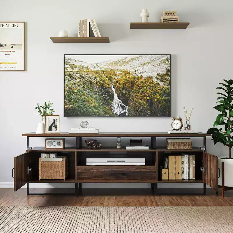 Mobile TV moderno di metà secolo per TV da 75", centro di intrattenimento con contenitore e cassetto, marrone rustico