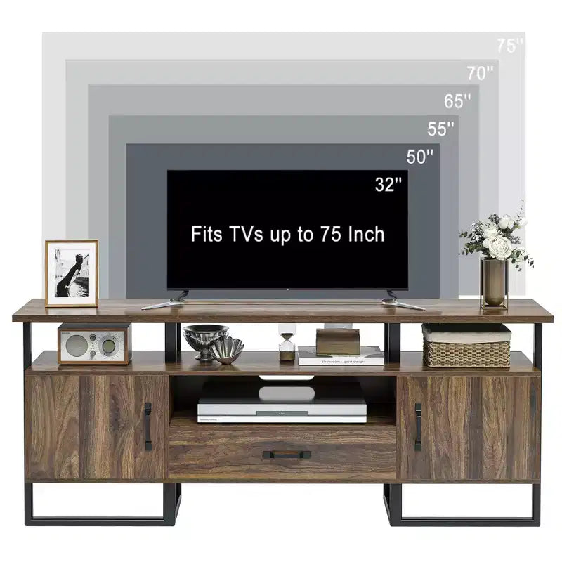 Mobile TV moderno di metà secolo per TV da 75", centro di intrattenimento con contenitore e cassetto, marrone rustico