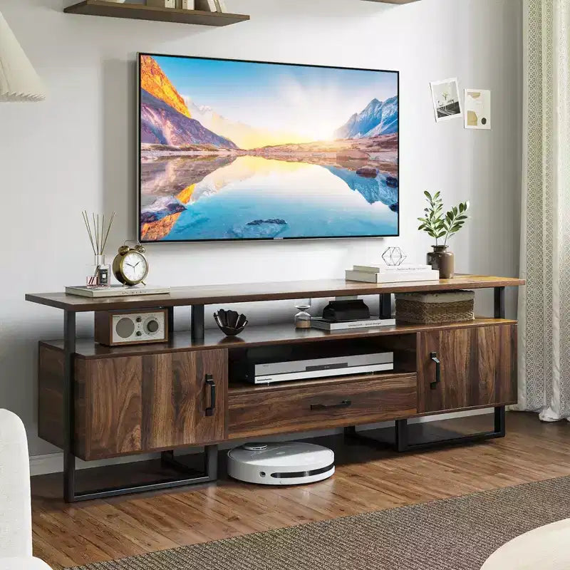 Mobile TV moderno di metà secolo per TV da 75", centro di intrattenimento con contenitore e cassetto, marrone rustico