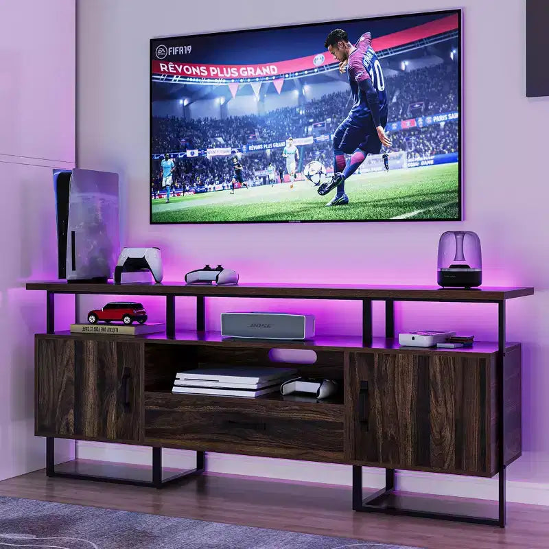 Mobile TV moderno di metà secolo per TV da 75", centro di intrattenimento con contenitore e cassetto, marrone rustico