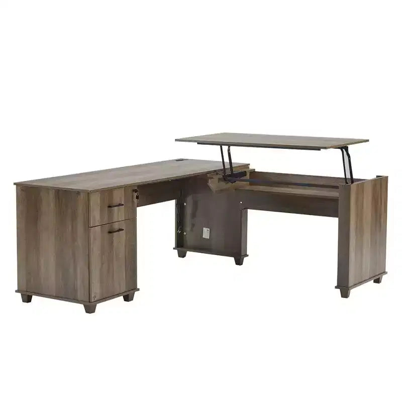 Scrivania ad angolo a forma di L da 180 cm con piano sollevabile, cassetti portaoggetti, schedario e ricarica integrata, scrivania per ufficio a casa, scrivania direzionale in legno