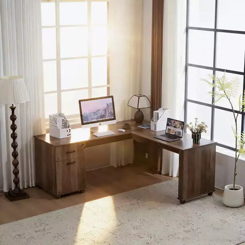 Scrivania ad angolo a forma di L da 180 cm con piano sollevabile, cassetti portaoggetti, schedario e ricarica integrata, scrivania per ufficio a casa, scrivania direzionale in legno