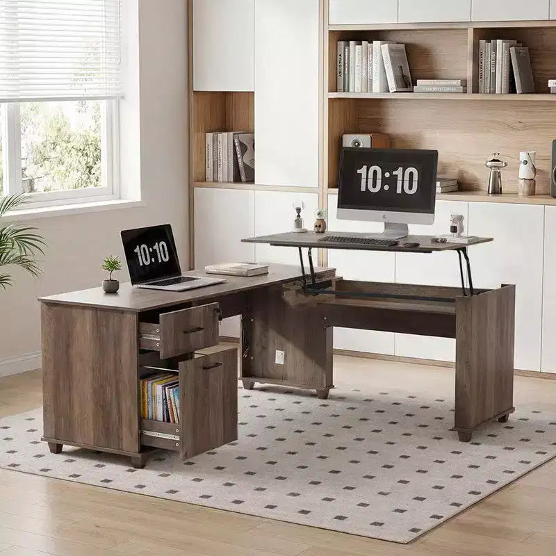 Scrivania ad angolo a forma di L da 180 cm con piano sollevabile, cassetti portaoggetti, schedario e ricarica integrata, scrivania per ufficio a casa, scrivania direzionale in legno