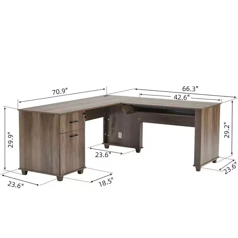 Scrivania ad angolo a forma di L da 180 cm con piano sollevabile, cassetti portaoggetti, schedario e ricarica integrata, scrivania per ufficio a casa, scrivania direzionale in legno