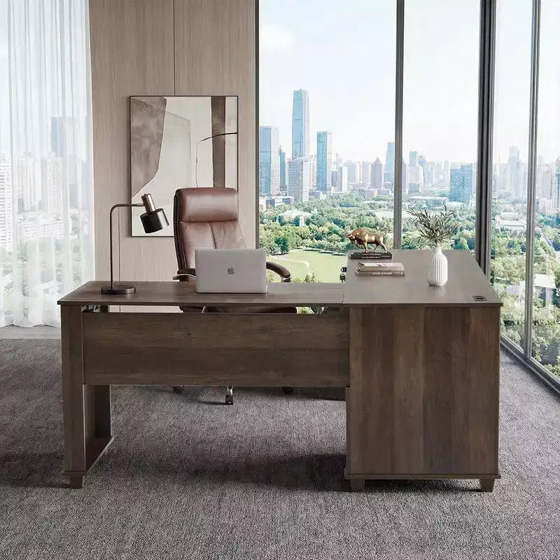 Scrivania ad angolo a forma di L da 180 cm con piano sollevabile, cassetti portaoggetti, schedario e ricarica integrata, scrivania per ufficio a casa, scrivania direzionale in legno