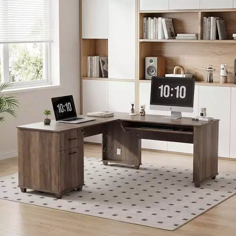 Scrivania ad angolo a forma di L da 180 cm con piano sollevabile, cassetti portaoggetti, schedario e ricarica integrata, scrivania per ufficio a casa, scrivania direzionale in legno