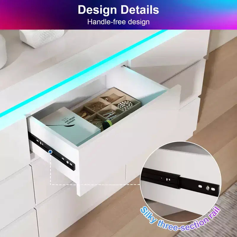 Cassettiera a 9 cassetti con presa di corrente e luce LED, cassettone moderno a 3 livelli per camera da letto