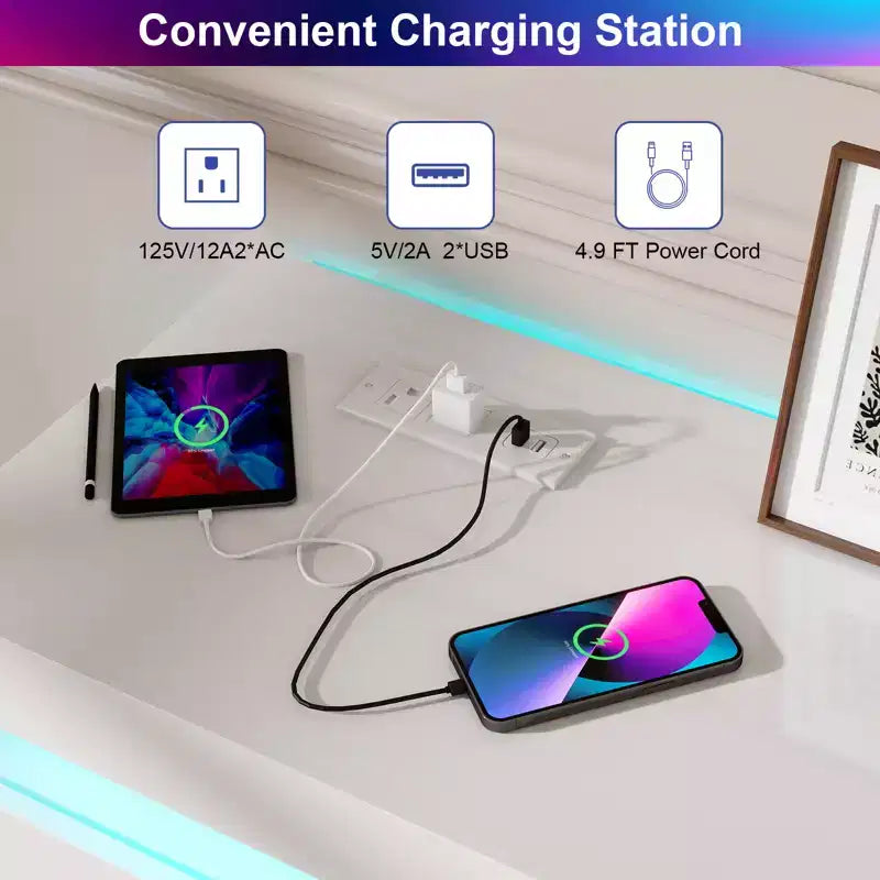 Cassettiera a 9 cassetti con presa di corrente e luce LED, cassettone moderno a 3 livelli per camera da letto