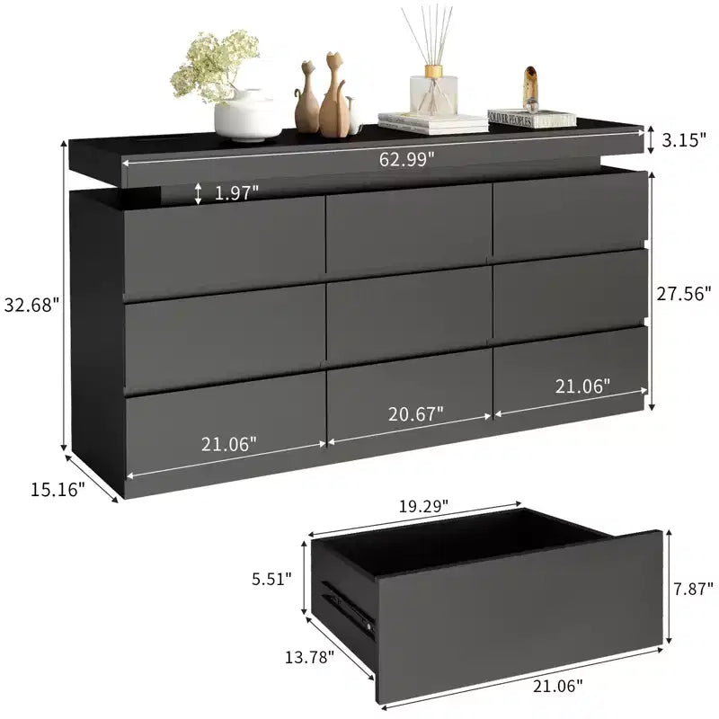 Cassettiera a 9 cassetti con presa di corrente e luce LED, cassettone moderno a 3 livelli per camera da letto