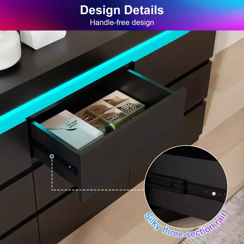 Cassettiera a 9 cassetti con presa di corrente e luce LED, cassettone moderno a 3 livelli per camera da letto