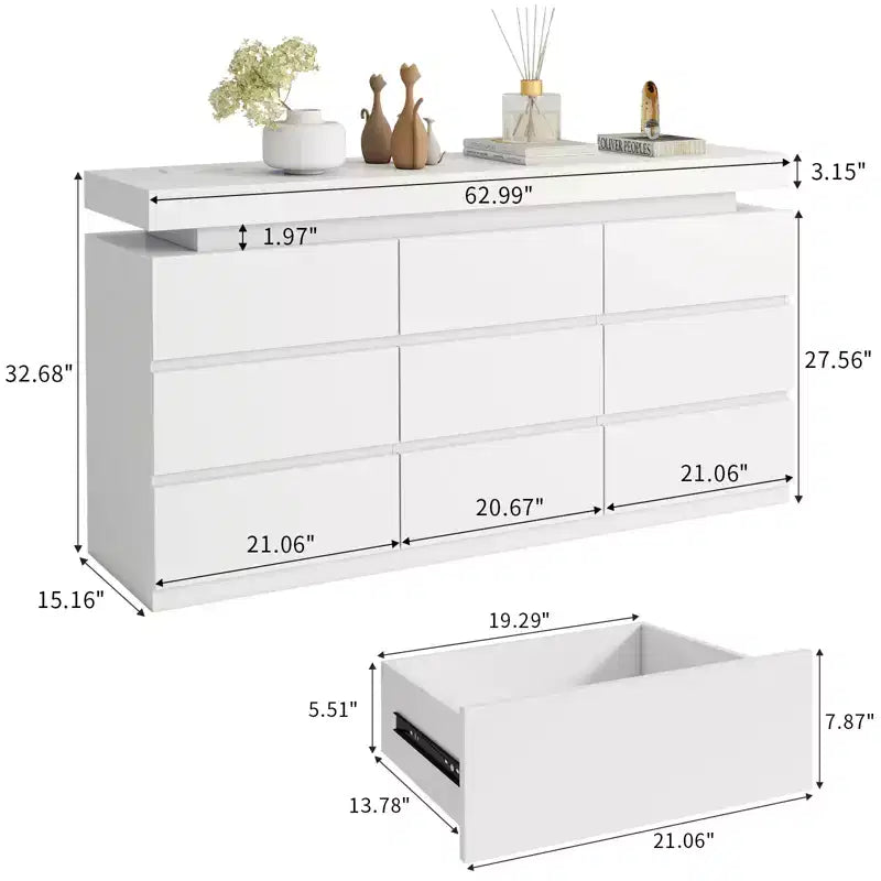 Cassettiera a 9 cassetti con presa di corrente e luce LED, cassettone moderno a 3 livelli per camera da letto