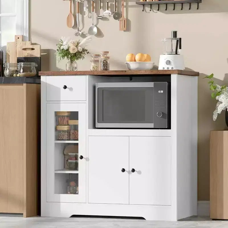 Mobile Credenza con Ripiani Regolabili e Porta Microonde Madia con Cassetto, Ante Singole e Doppie, Organizer Moderno da Cucina
