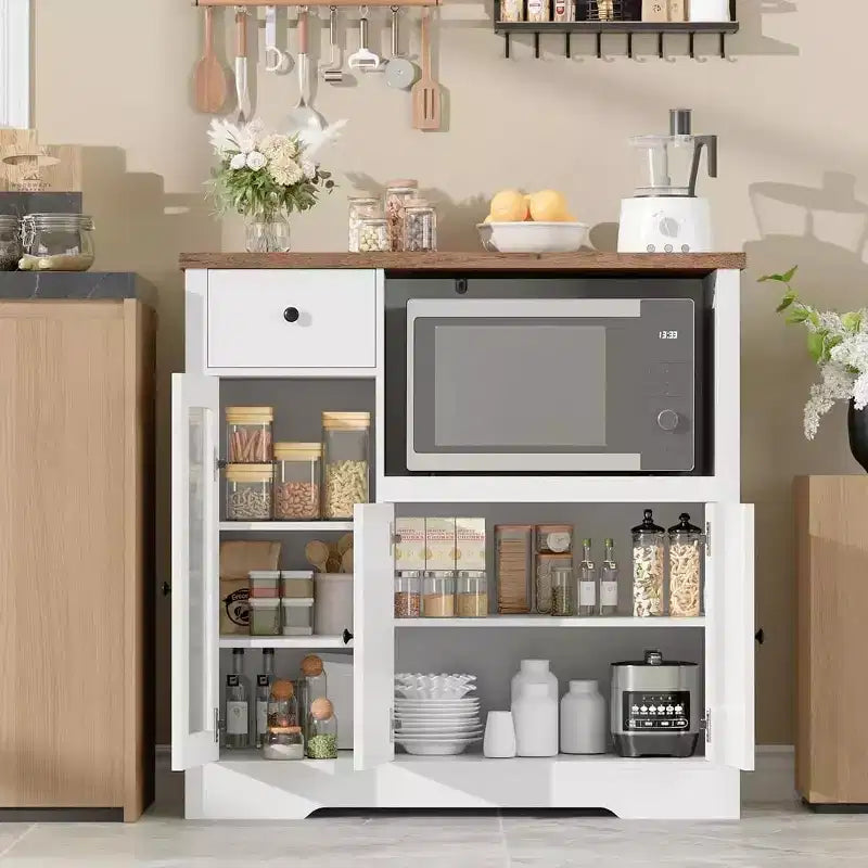 Mobile Credenza con Ripiani Regolabili e Porta Microonde Madia con Cassetto, Ante Singole e Doppie, Organizer Moderno da Cucina