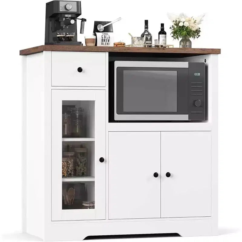 Mobile Credenza con Ripiani Regolabili e Porta Microonde Madia con Cassetto, Ante Singole e Doppie, Organizer Moderno da Cucina