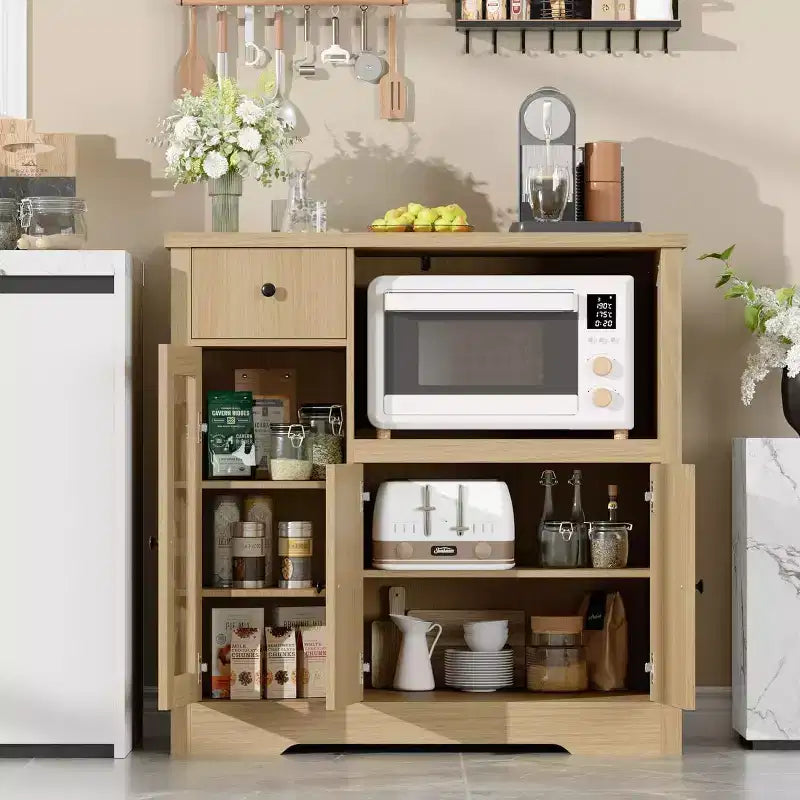 Mobile Credenza con Ripiani Regolabili e Porta Microonde Madia con Cassetto, Ante Singole e Doppie, Organizer Moderno da Cucina