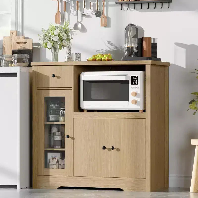 Mobile Credenza con Ripiani Regolabili e Porta Microonde Madia con Cassetto, Ante Singole e Doppie, Organizer Moderno da Cucina