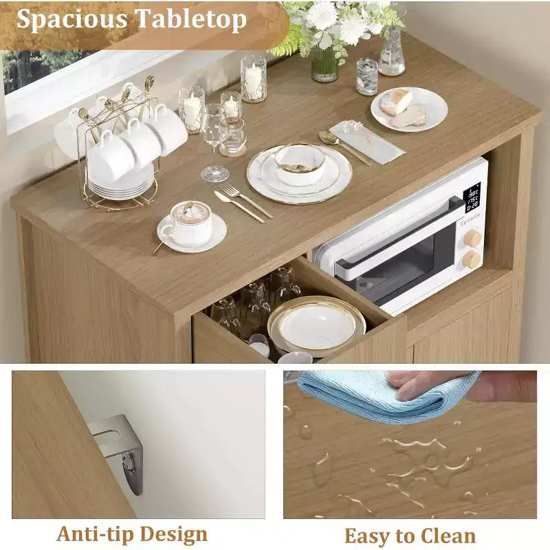 Mobile Credenza con Ripiani Regolabili e Porta Microonde Madia con Cassetto, Ante Singole e Doppie, Organizer Moderno da Cucina