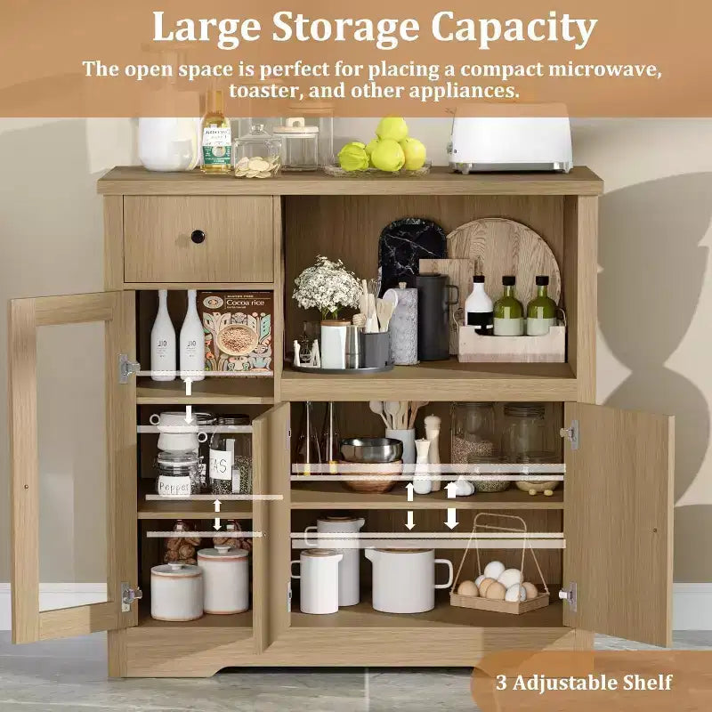 Mobile Credenza con Ripiani Regolabili e Porta Microonde Madia con Cassetto, Ante Singole e Doppie, Organizer Moderno da Cucina