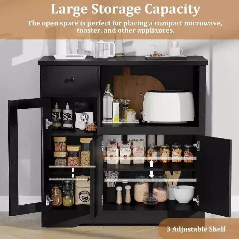 Mobile Credenza con Ripiani Regolabili e Porta Microonde Madia con Cassetto, Ante Singole e Doppie, Organizer Moderno da Cucina