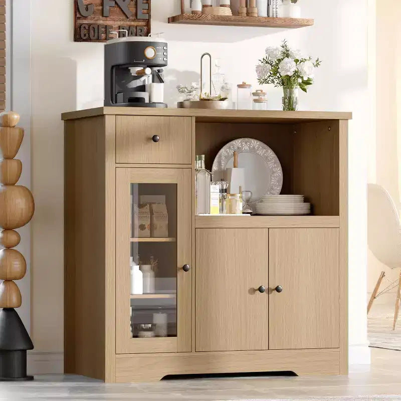 Mobile Credenza con Ripiani Regolabili e Porta Microonde Madia con Cassetto, Ante Singole e Doppie, Organizer Moderno da Cucina