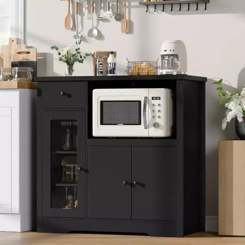 Mobile Credenza con Ripiani Regolabili e Porta Microonde Madia con Cassetto, Ante Singole e Doppie, Organizer Moderno da Cucina