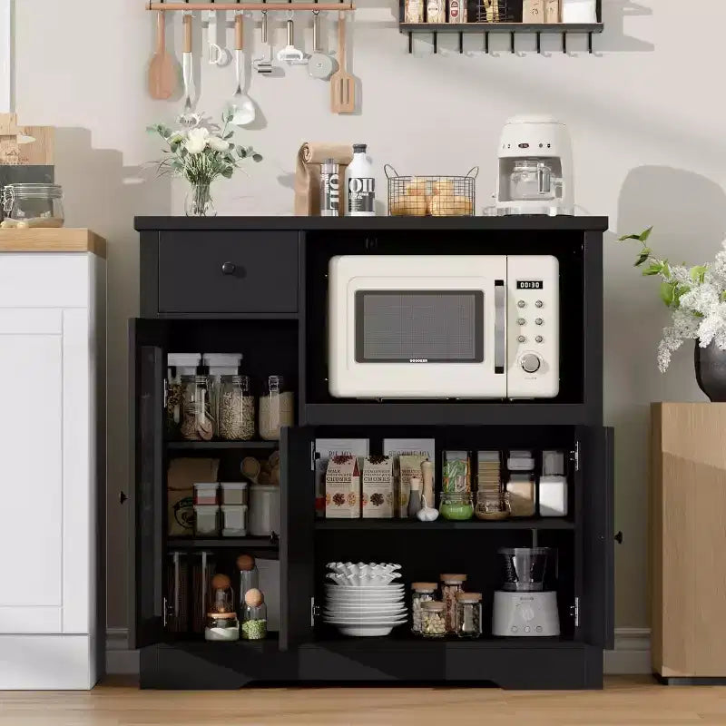 Mobile Credenza con Ripiani Regolabili e Porta Microonde Madia con Cassetto, Ante Singole e Doppie, Organizer Moderno da Cucina
