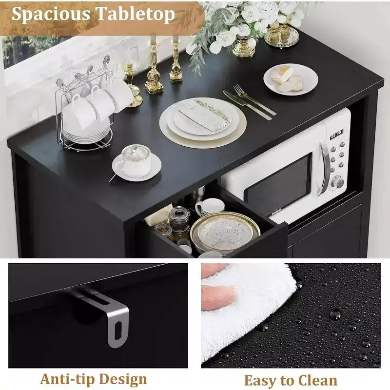 Mobile Credenza con Ripiani Regolabili e Porta Microonde Madia con Cassetto, Ante Singole e Doppie, Organizer Moderno da Cucina