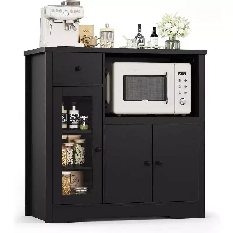 Mobile Credenza con Ripiani Regolabili e Porta Microonde Madia con Cassetto, Ante Singole e Doppie, Organizer Moderno da Cucina