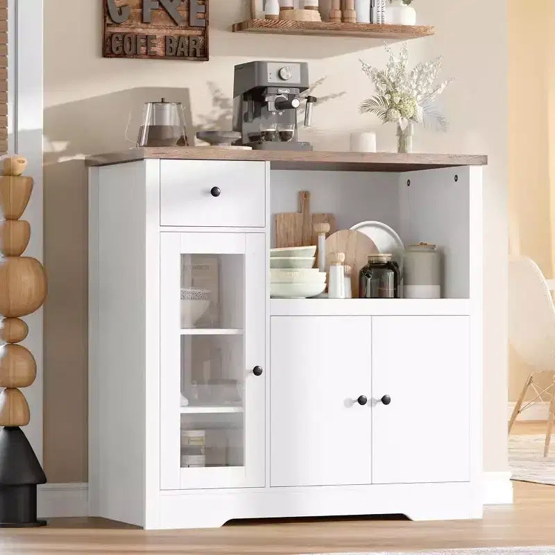 Mobile Credenza con Ripiani Regolabili e Porta Microonde Madia con Cassetto, Ante Singole e Doppie, Organizer Moderno da Cucina