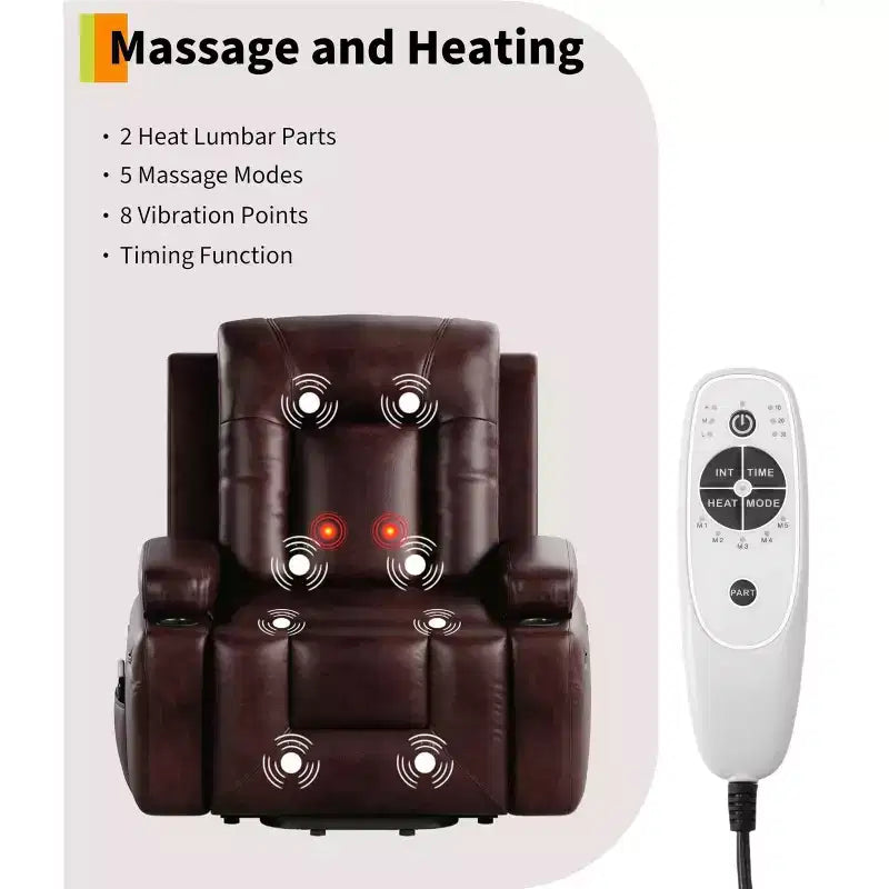 Poltrona reclinabile elettrica oversize con sollevamento assistito, in ecopelle PU con funzione riscaldamento e massaggio, poltrona singola con portabicchieri per camera da letto