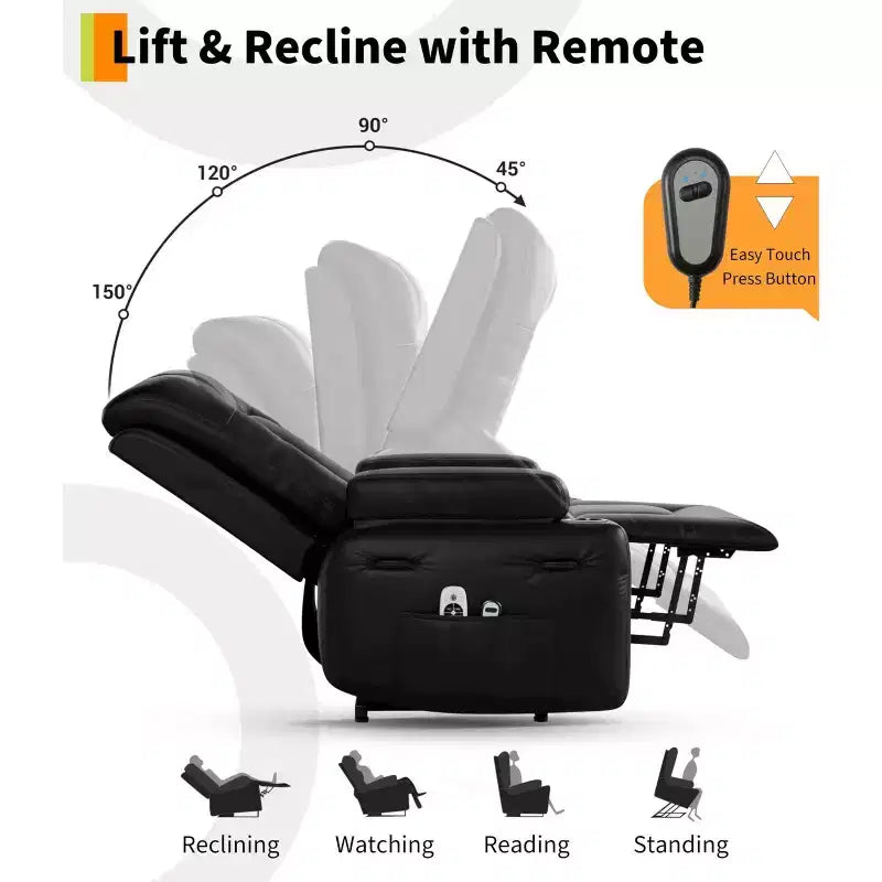 Poltrona reclinabile elettrica oversize con sollevamento assistito, in ecopelle PU con funzione riscaldamento e massaggio, poltrona singola con portabicchieri per camera da letto