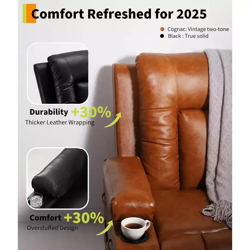 Poltrona reclinabile elettrica oversize con sollevamento assistito, in ecopelle PU con funzione riscaldamento e massaggio, poltrona singola con portabicchieri per camera da letto