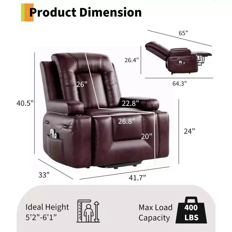 Poltrona reclinabile elettrica oversize con sollevamento assistito, in ecopelle PU con funzione riscaldamento e massaggio, poltrona singola con portabicchieri per camera da letto
