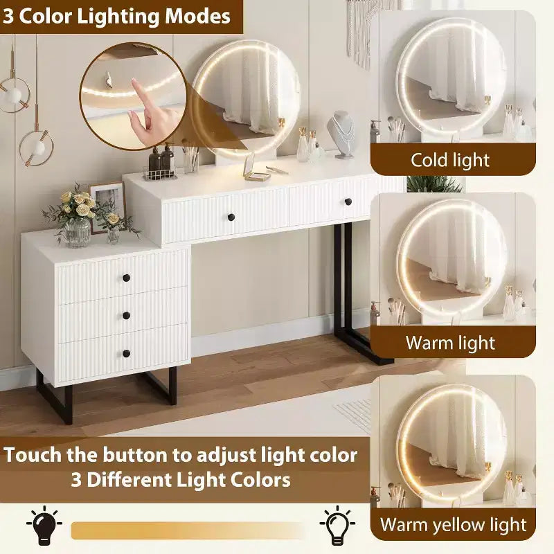 Tocador con specchio e luci, mobile trucco con 5 cassetti per camera da letto